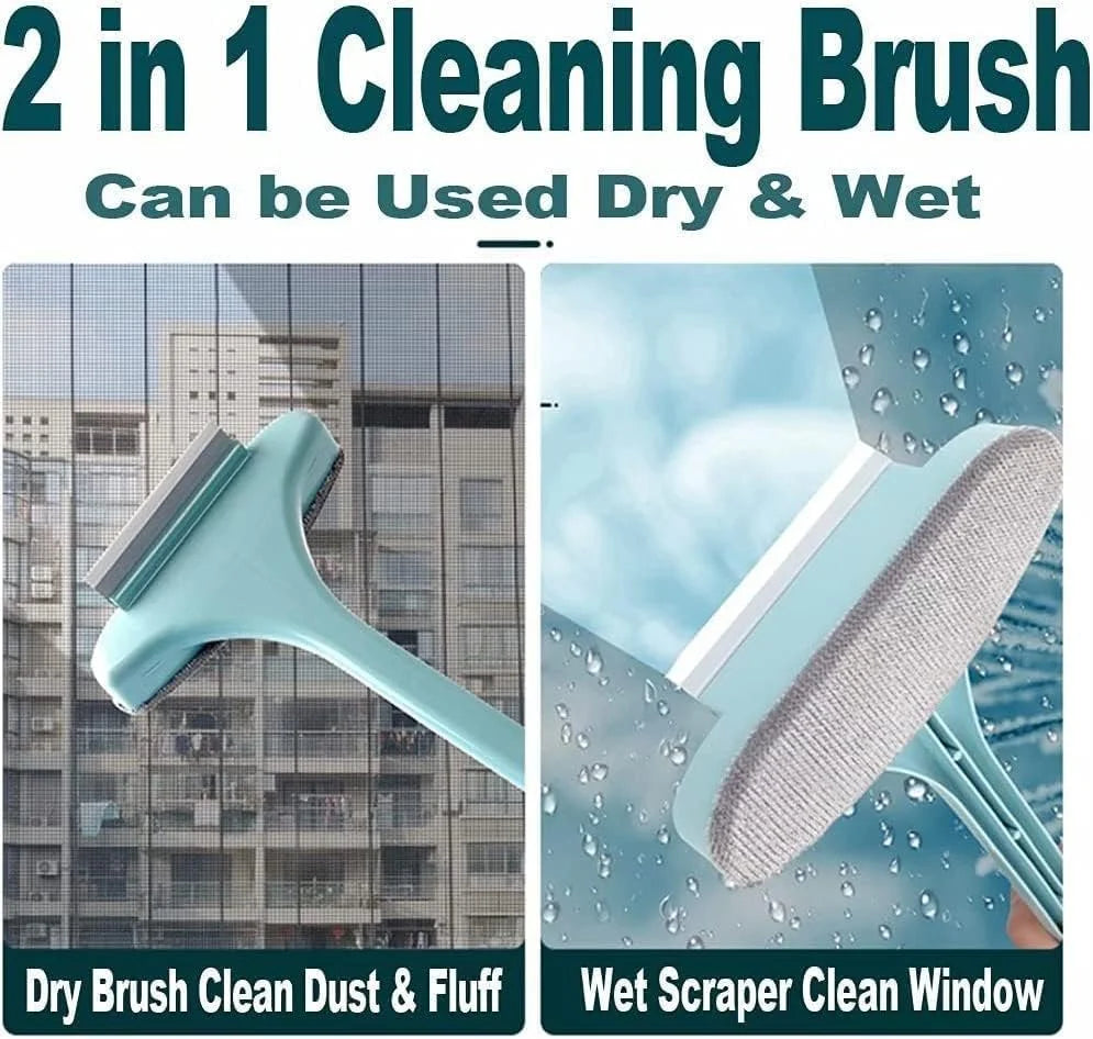 2 in 1 Window Mesh Screen Cleaner Brush & Wiper with Extended Handle Wet